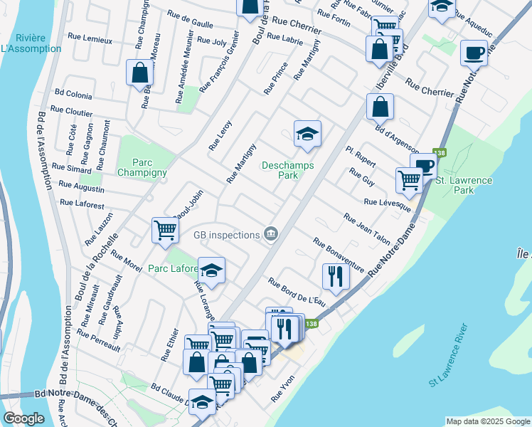 map of restaurants, bars, coffee shops, grocery stores, and more near 47 Rue Belmont in Repentigny