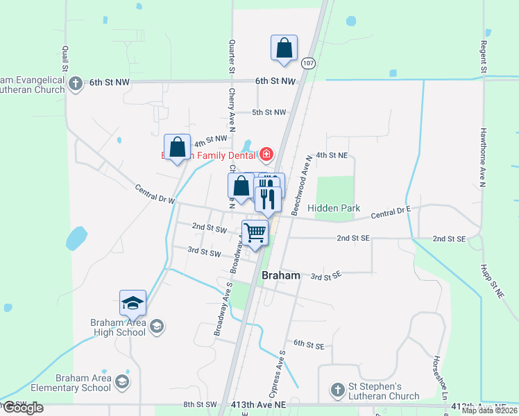 map of restaurants, bars, coffee shops, grocery stores, and more near 124 Main Street South in Braham