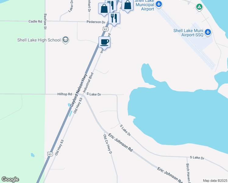 map of restaurants, bars, coffee shops, grocery stores, and more near 129 South Lake Drive in Shell Lake