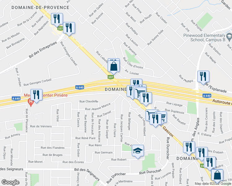 map of restaurants, bars, coffee shops, grocery stores, and more near 3457 Boulevard de la Pinière in Terrebonne
