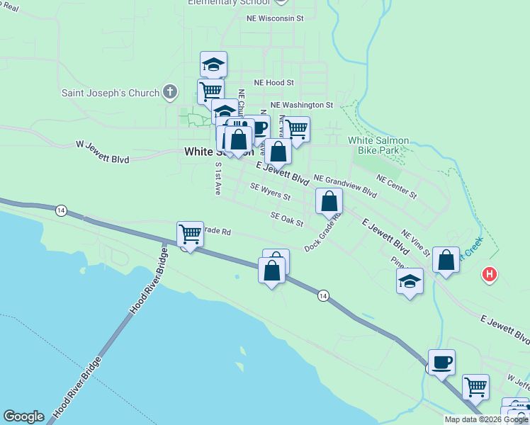 map of restaurants, bars, coffee shops, grocery stores, and more near 360 SE Oak St in White Salmon