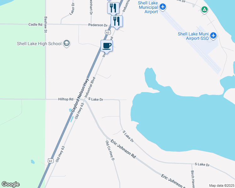 map of restaurants, bars, coffee shops, grocery stores, and more near 129 South Lake Drive in Shell Lake
