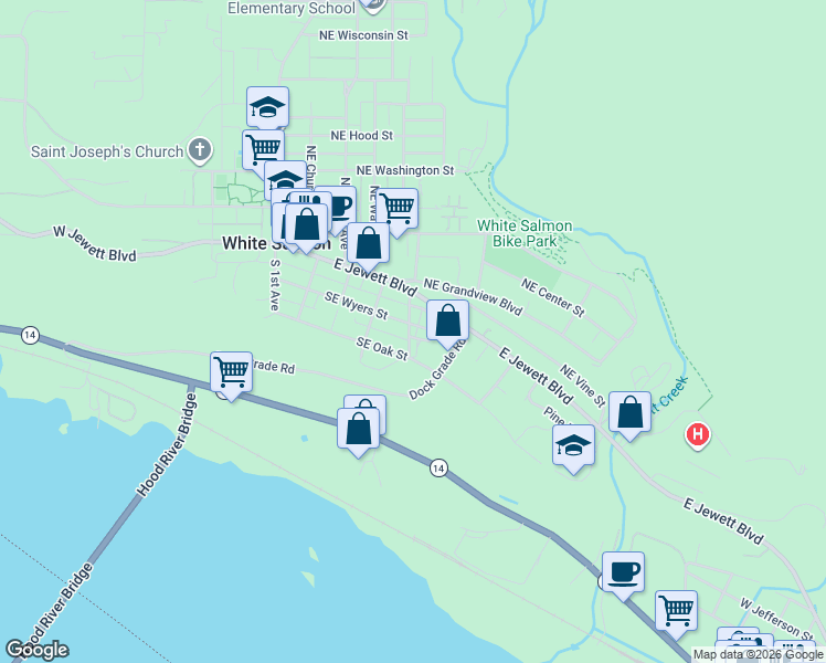 map of restaurants, bars, coffee shops, grocery stores, and more near 460 Southeast Wyers Street in White Salmon