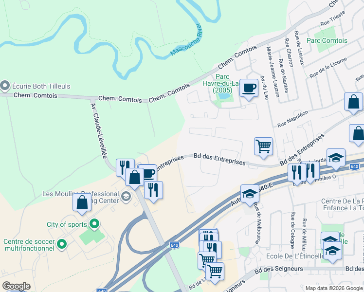 map of restaurants, bars, coffee shops, grocery stores, and more near 3130 Boulevard des Entreprises in Terrebonne