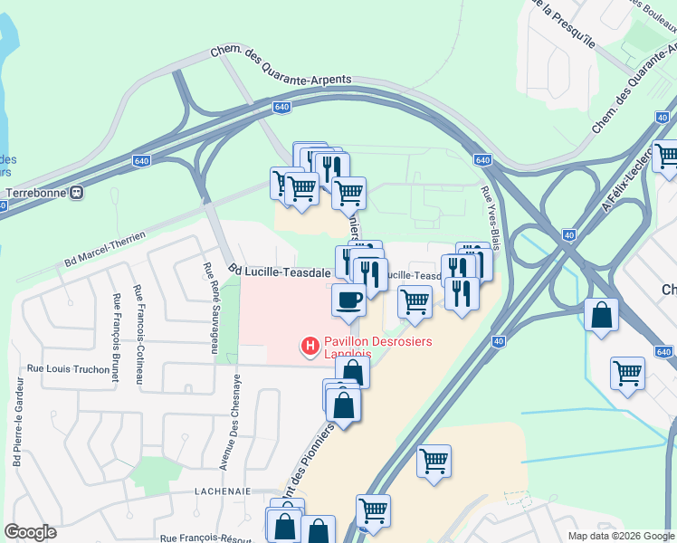 map of restaurants, bars, coffee shops, grocery stores, and more near Boulevard Lucille-Teasdale in Terrebonne