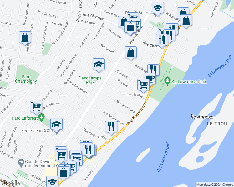 map of restaurants, bars, coffee shops, grocery stores, and more near 24 Rue Lévesque in Repentigny