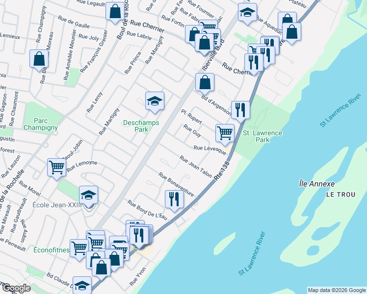 map of restaurants, bars, coffee shops, grocery stores, and more near 24 Rue Lévesque in Repentigny