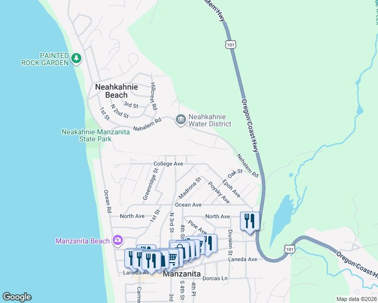 map of restaurants, bars, coffee shops, grocery stores, and more near 405 University Ave in Manzanita