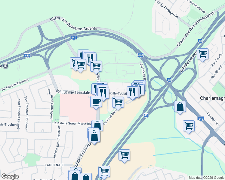 map of restaurants, bars, coffee shops, grocery stores, and more near 1200 Boulevard Lucille-Teasdale in Terrebonne