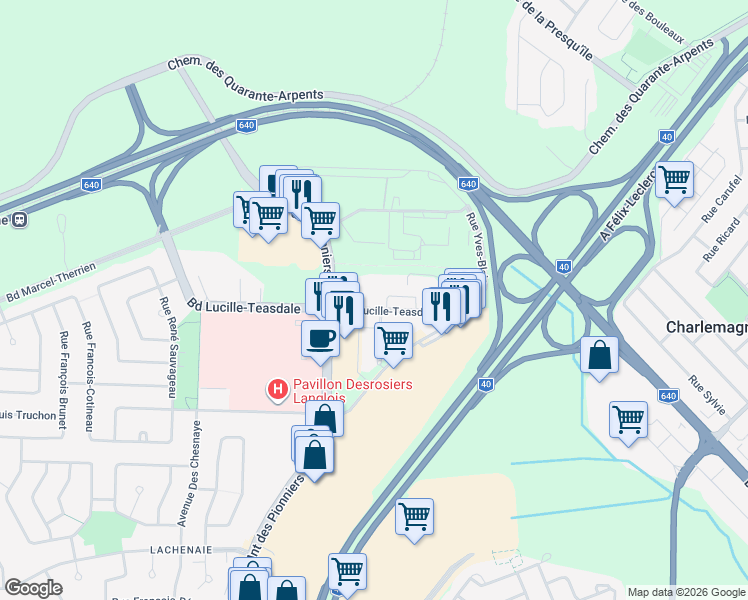 map of restaurants, bars, coffee shops, grocery stores, and more near 1200 Boulevard Lucille-Teasdale in Terrebonne