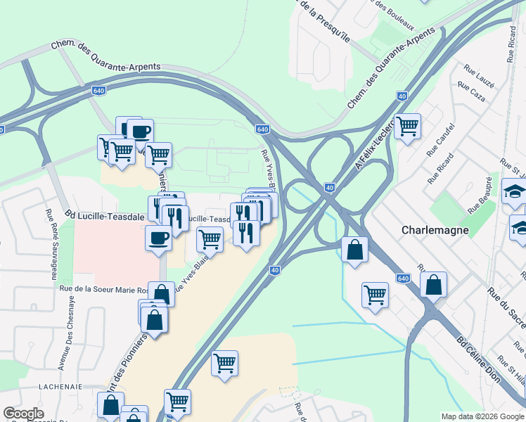 map of restaurants, bars, coffee shops, grocery stores, and more near 1475 Rue Yves-Blais in Terrebonne