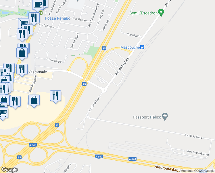 map of restaurants, bars, coffee shops, grocery stores, and more near 2620 Avenue de la Gare in Mascouche