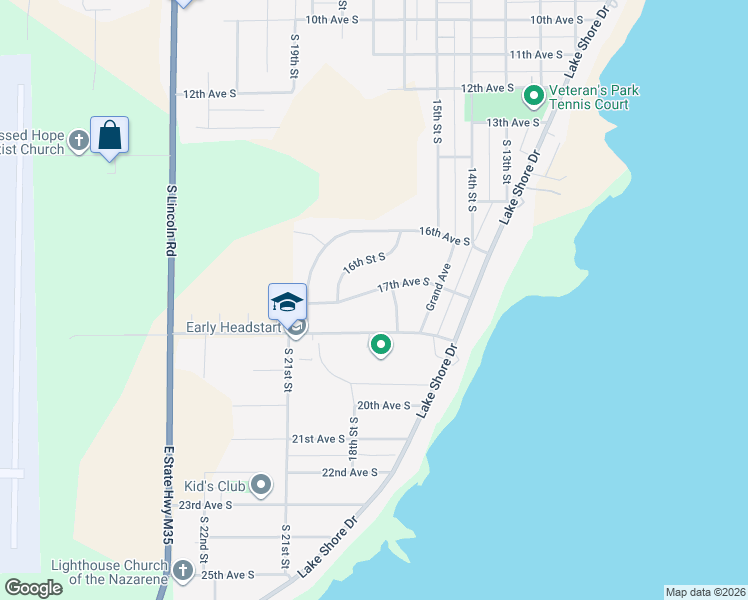map of restaurants, bars, coffee shops, grocery stores, and more near 1600 17th Avenue South in Escanaba