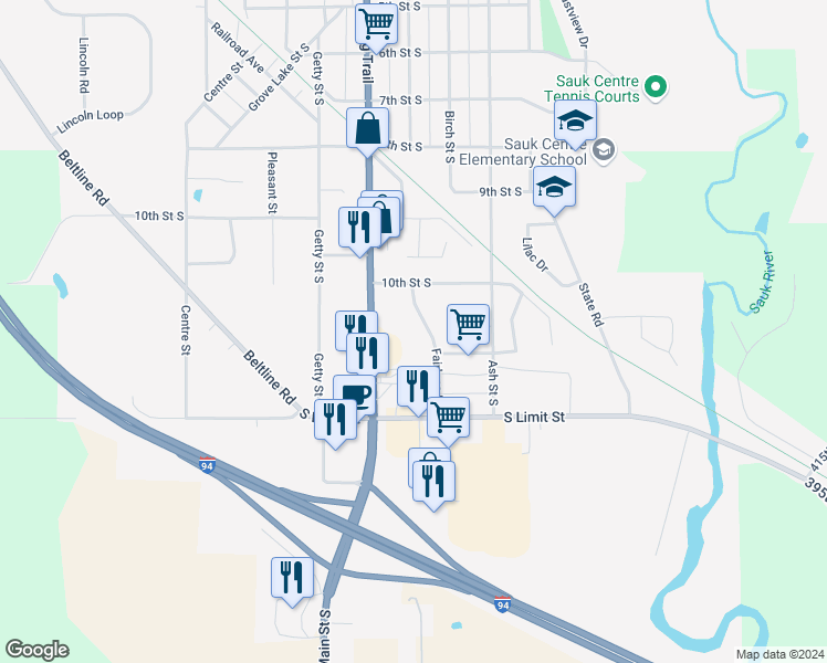 map of restaurants, bars, coffee shops, grocery stores, and more near 1102 Fairlane Drive in Sauk Centre