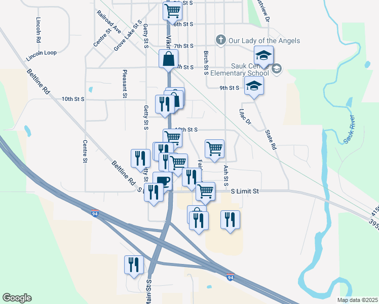 map of restaurants, bars, coffee shops, grocery stores, and more near 1102 Fairlane Drive in Sauk Centre