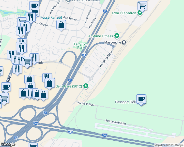 map of restaurants, bars, coffee shops, grocery stores, and more near 2625 Avenue de la Gare in Mascouche