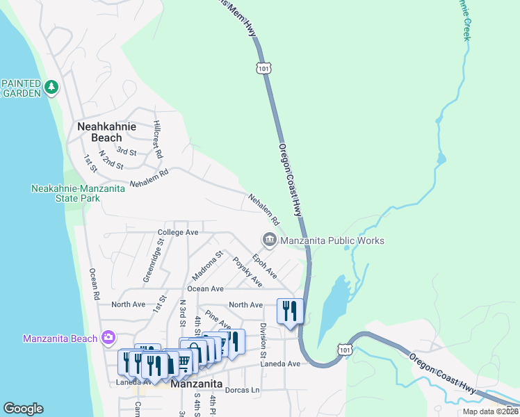 map of restaurants, bars, coffee shops, grocery stores, and more near 9360 Dewolf Road in Nehalem