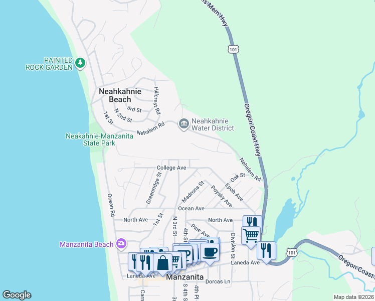map of restaurants, bars, coffee shops, grocery stores, and more near 405 University Avenue in Manzanita
