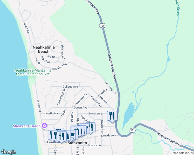 map of restaurants, bars, coffee shops, grocery stores, and more near 9330 Dewolf Road in Nehalem