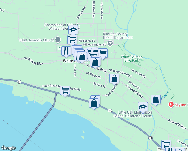 map of restaurants, bars, coffee shops, grocery stores, and more near 355 SE Wyers St in White Salmon