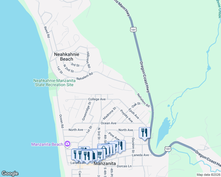 map of restaurants, bars, coffee shops, grocery stores, and more near Dewolf Road in Neahkahnie Beach