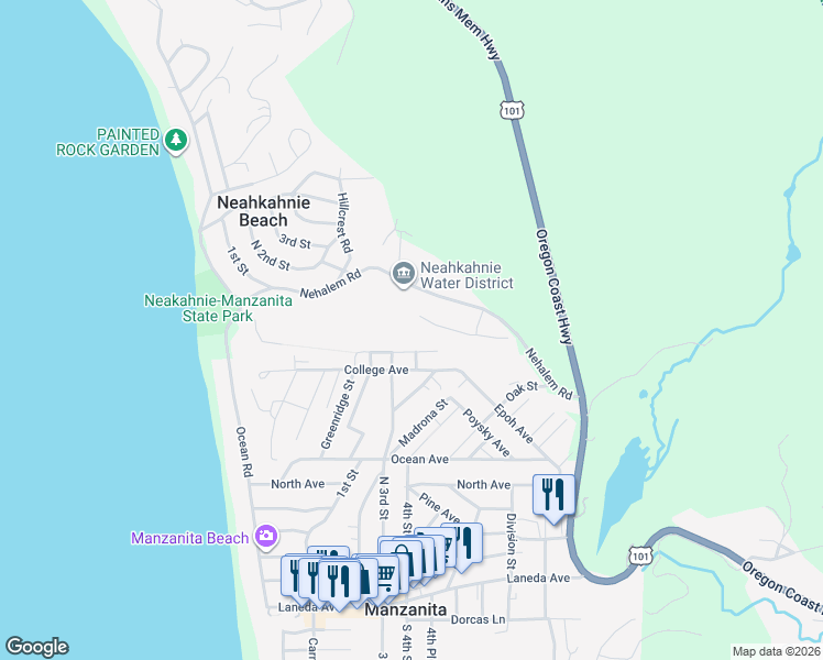 map of restaurants, bars, coffee shops, grocery stores, and more near 405 University Avenue in Manzanita
