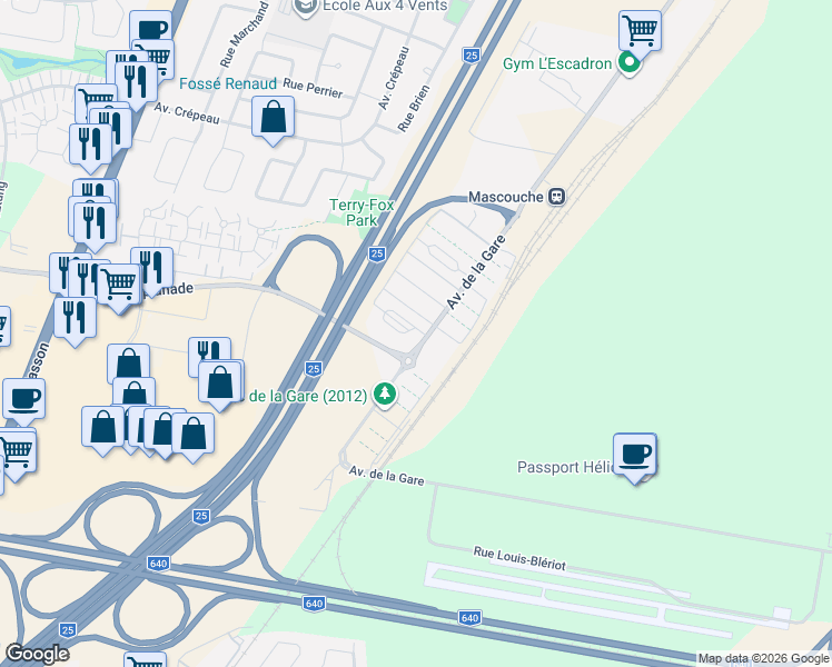 map of restaurants, bars, coffee shops, grocery stores, and more near 2615 Avenue de la Gare in Mascouche