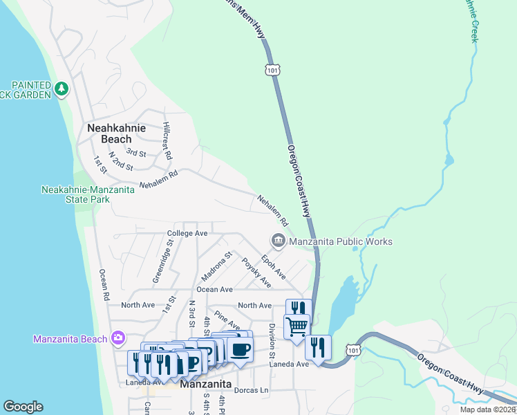 map of restaurants, bars, coffee shops, grocery stores, and more near 9360 Dewolf Road in Nehalem
