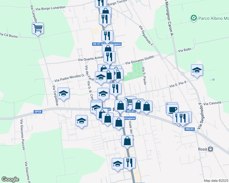 map of restaurants, bars, coffee shops, grocery stores, and more near 35 Via Capitano Alessio in Rosà