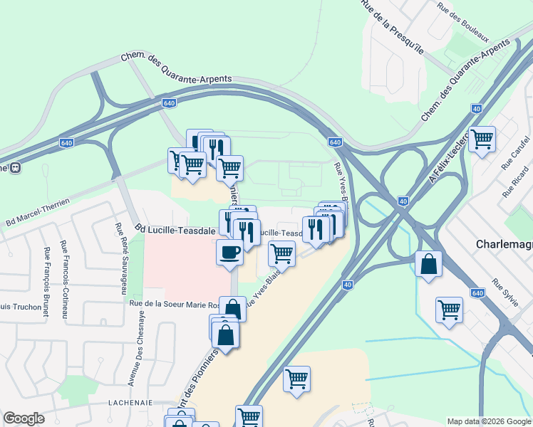 map of restaurants, bars, coffee shops, grocery stores, and more near 1210 Boulevard Lucille-Teasdale in Terrebonne