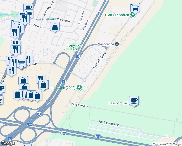 map of restaurants, bars, coffee shops, grocery stores, and more near 2324 Avenue de la Gare in Mascouche