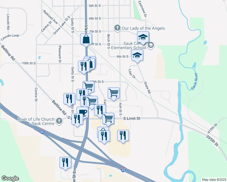 map of restaurants, bars, coffee shops, grocery stores, and more near 1142 Fairlane Drive in Sauk Centre