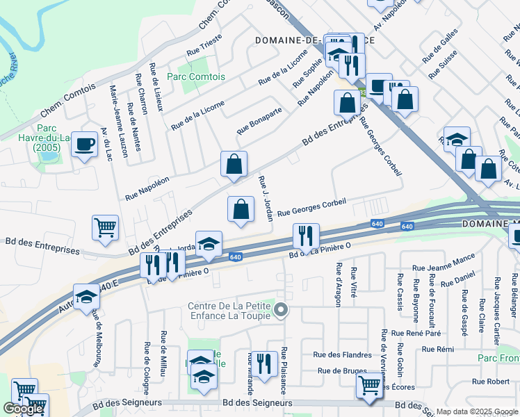 map of restaurants, bars, coffee shops, grocery stores, and more near 3380 Rue J. Jordan in Terrebonne