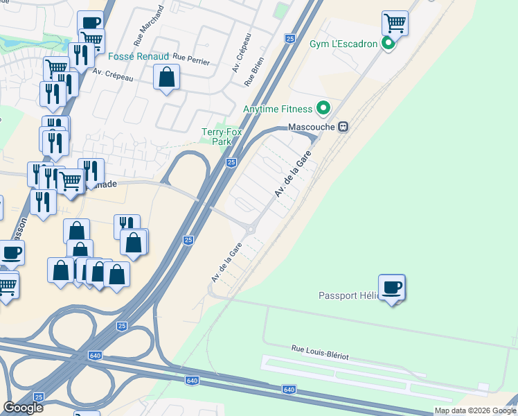 map of restaurants, bars, coffee shops, grocery stores, and more near 2505 Avenue de la Gare in Mascouche