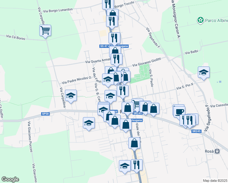 map of restaurants, bars, coffee shops, grocery stores, and more near 35 Via Capitano Alessio in Rosà