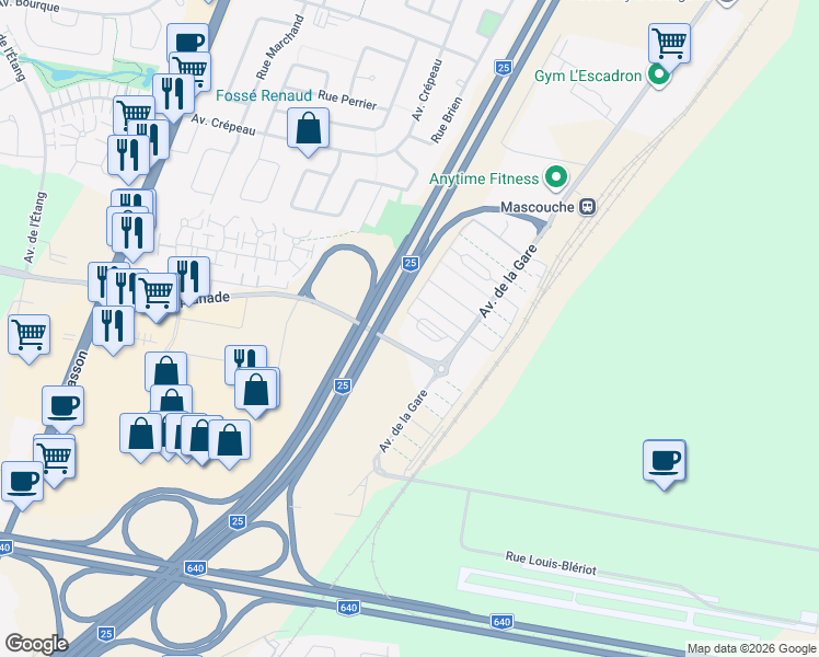 map of restaurants, bars, coffee shops, grocery stores, and more near 2625 Avenue de la Gare in Mascouche