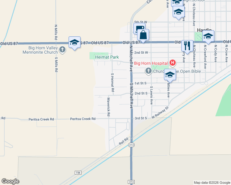 map of restaurants, bars, coffee shops, grocery stores, and more near 161 South Heimat Road in Hardin