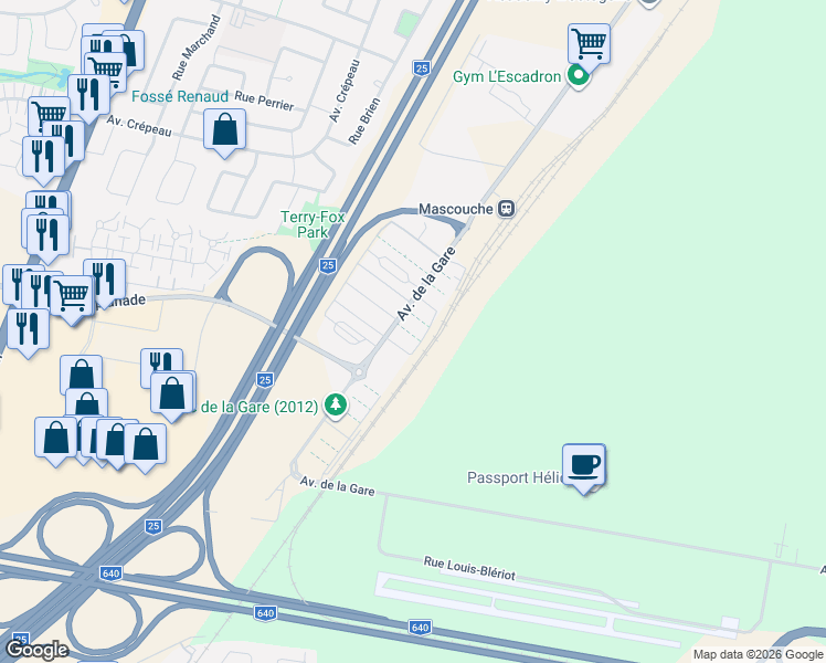 map of restaurants, bars, coffee shops, grocery stores, and more near 2234 Avenue de la Gare in Mascouche