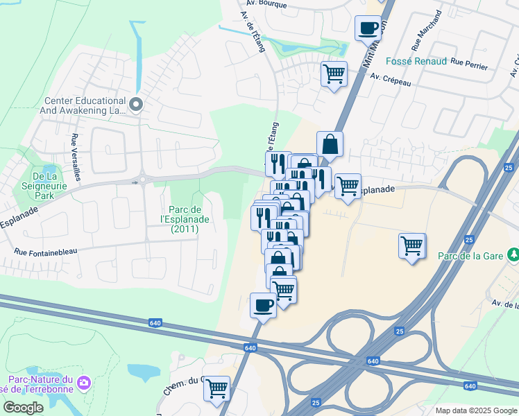 map of restaurants, bars, coffee shops, grocery stores, and more near 1000 Place de l'Esplanade in Mascouche