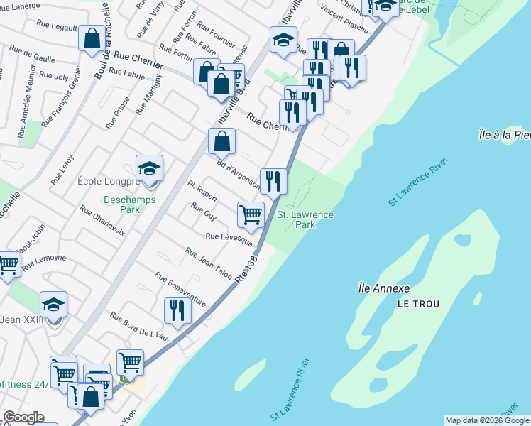 map of restaurants, bars, coffee shops, grocery stores, and more near 277 Rue Notre Dame in Repentigny