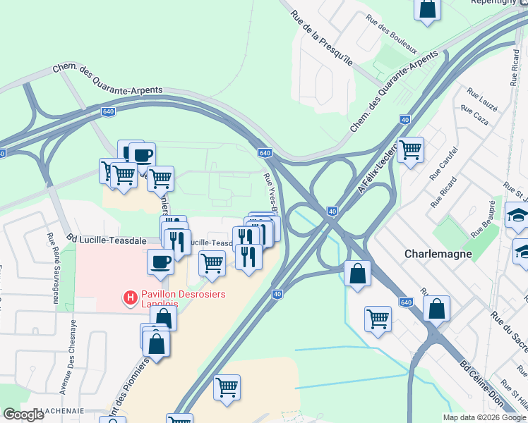map of restaurants, bars, coffee shops, grocery stores, and more near 1475 Rue Yves-Blais in Terrebonne