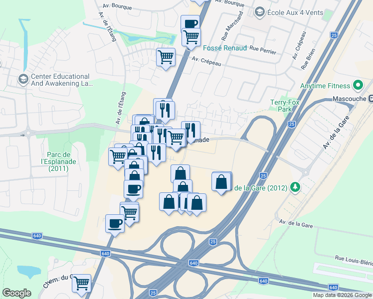 map of restaurants, bars, coffee shops, grocery stores, and more near Rue Bohémier in Mascouche