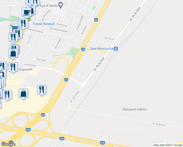 map of restaurants, bars, coffee shops, grocery stores, and more near 2227 Avenue de la Gare in Mascouche