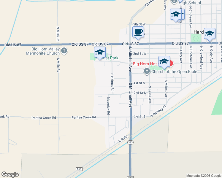 map of restaurants, bars, coffee shops, grocery stores, and more near 161 South Heimat Road in Hardin
