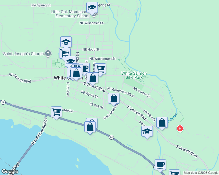 map of restaurants, bars, coffee shops, grocery stores, and more near 514 Northeast Grandview Boulevard in White Salmon