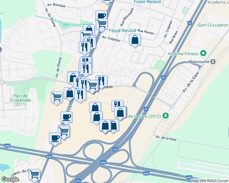 map of restaurants, bars, coffee shops, grocery stores, and more near 2930 Avenue de l'Esplanade in Mascouche
