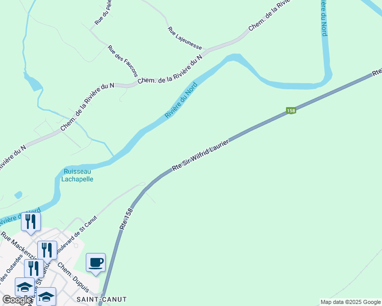 map of restaurants, bars, coffee shops, grocery stores, and more near 10735 Route Sir Wilfrid Laurier in Mirabel
