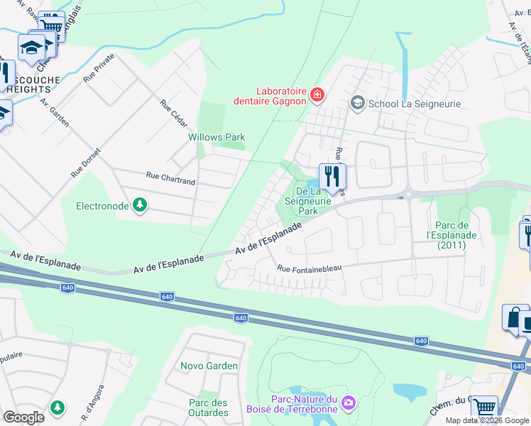 map of restaurants, bars, coffee shops, grocery stores, and more near 390 Place du Louvre in Mascouche