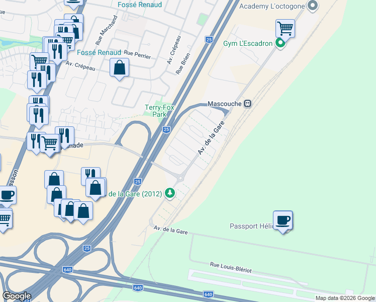 map of restaurants, bars, coffee shops, grocery stores, and more near 2287 Avenue de la Gare in Mascouche