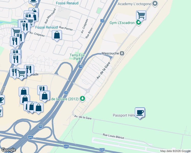 map of restaurants, bars, coffee shops, grocery stores, and more near 2143 Avenue de la Gare in Saint-Roch-Ouest